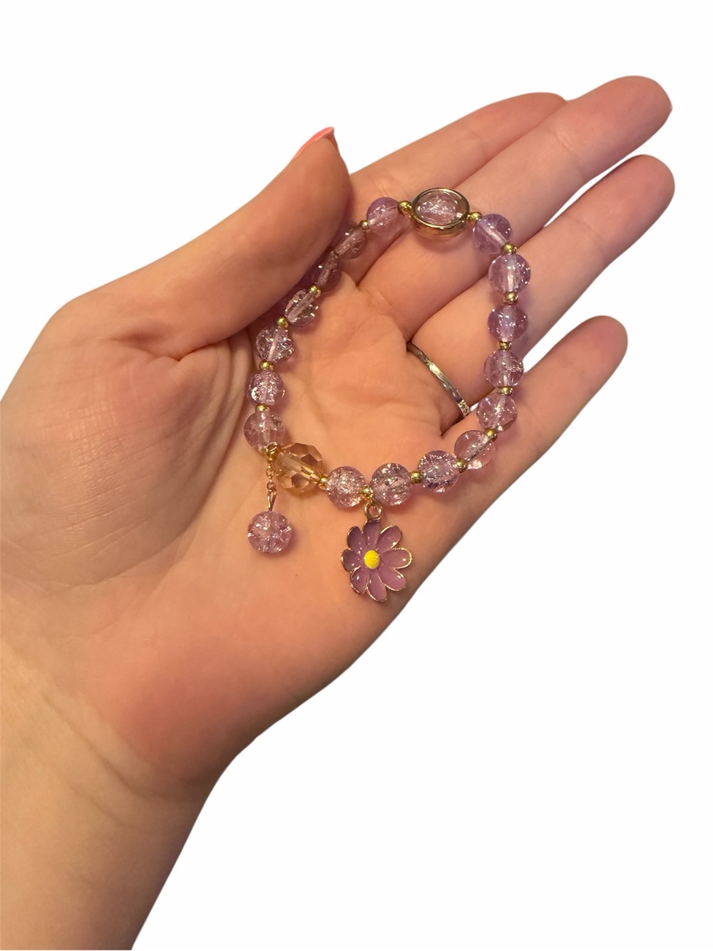 Purple Floral Charm Beaded Bracelet - Unbranded